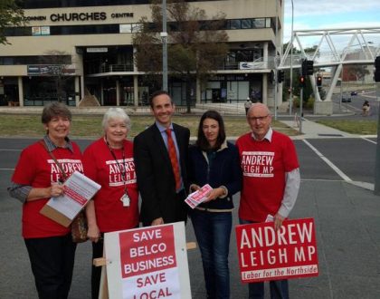 Handing out #belcojobs petitions with Andrew Leigh and campaign team